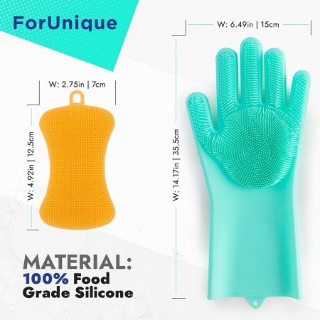Dishwashing Gloves Silicone Scrubber Reusable - Premium Set 1 Pair Magic Rubber Green Scrubbing Gloves and 1 Yellow Silicone Sponge Heat Resistant for Cleaning Dishes Home Kitchen Bathroom Pet Care